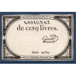 Assignat 5 livres 10 brumaire l'an 2, TTB, signature Goust
