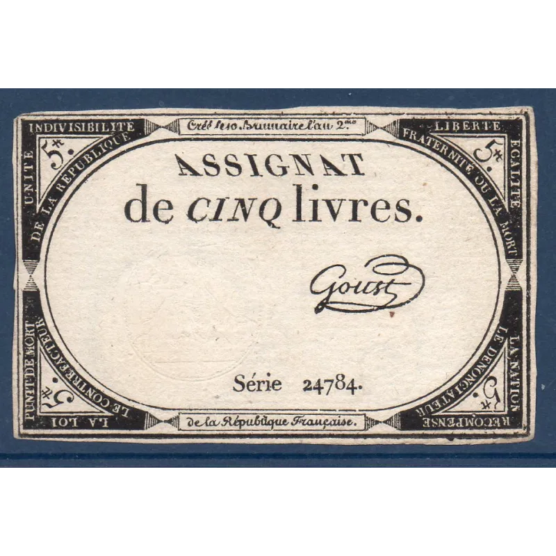 Assignat 5 livres 10 brumaire l'an 2, TTB, signature Goust