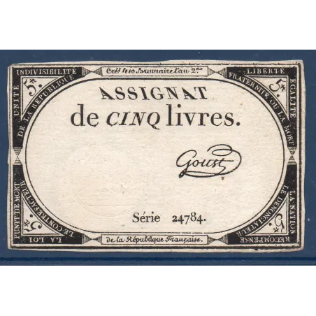 Assignat 5 livres 10 brumaire l'an 2, TTB, signature Goust