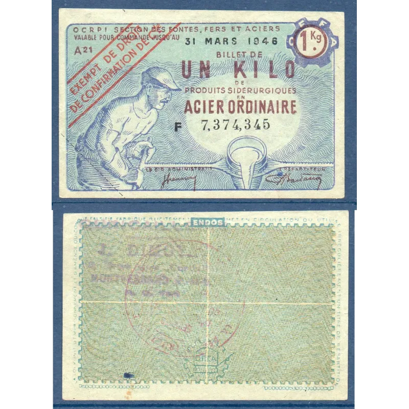 Billet de 1 Kilo d'acier Ordinaire, 31.3.1946 Billet de 1 Kilo d'acier Ordinaire, 31.3.1946