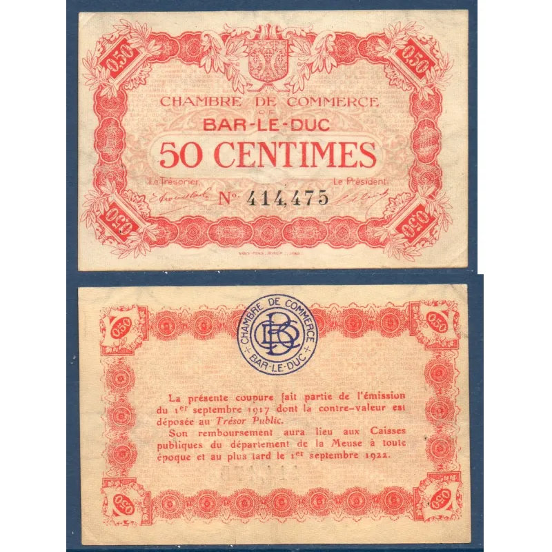 Bar-le-Duc 50 centimes, TTB, 1.9.1917, Pirot 19.9, Billet de la chambre de Commerce Bar-le-Duc 50 centimes, TTB, 1.9.1917, Pirot 19.9, Billet de la chambre de Commerce