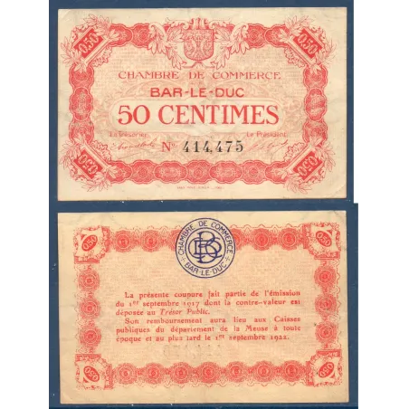 Bar-le-Duc 50 centimes, TTB, 1.9.1917, Pirot 19.9, Billet de la chambre de Commerce
