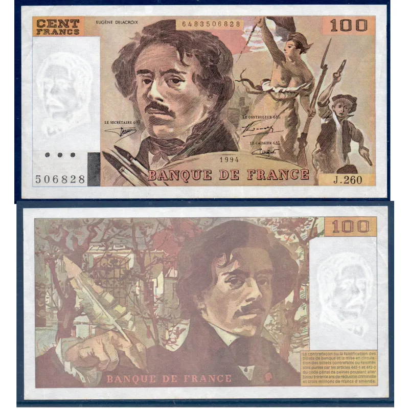 100 Francs Delacroix, TTB, 1994 Billet de la banque de France
