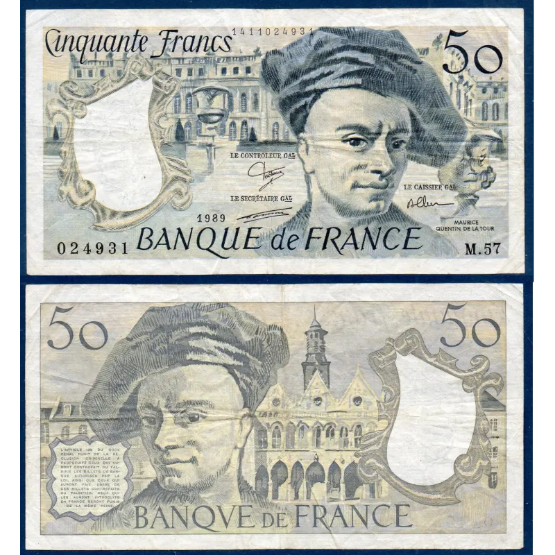 50 Francs Quentin, TB, 1989 Billet de la banque de France 50 Francs Quentin, TB, 1989 Billet de la banque de France