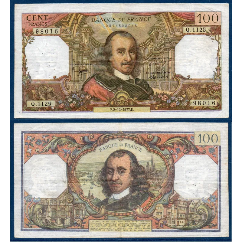 100 Francs Corneille, TTB-, 2.12.1977 Billet de la banque de France 100 Francs Corneille, TTB-, 2.12.1977 Billet de la banque de France