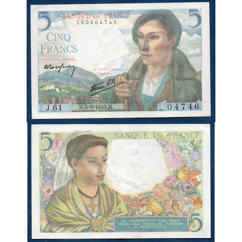 5 Francs Berger, TTB, 5.8.1943 Billet de la banque de France 5 Francs Berger, TTB, 5.8.1943 Billet de la banque de France