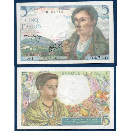 5 Francs Berger, TTB, 5.8.1943 Billet de la banque de France