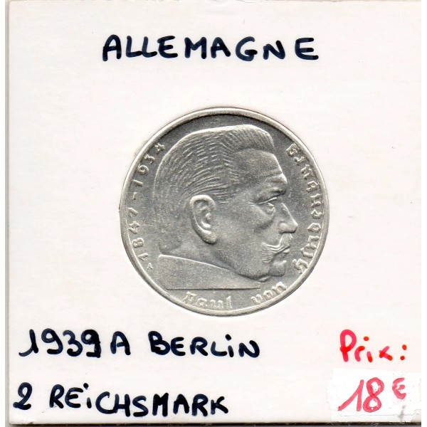 Allemagne 2 reichsmark 1939 A, Sup +, KM 93 pièce de monnaie