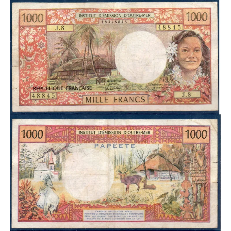 Tahiti P.27d, TB Billet de 1000 Francs 1985 Eglise de Vao Tahiti P.27d, TB Billet de 1000 Francs 1985 Eglise de Vao