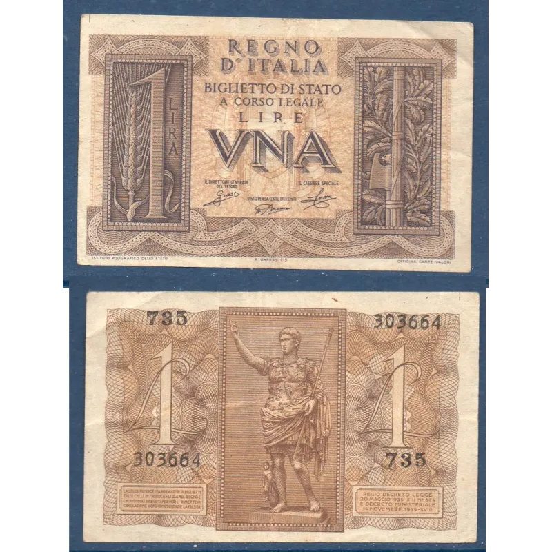 Italie P.26, Billet de 1 Lira 1939 Statue d'Auguste Italie P.26, Billet de 1 Lira 1939 Statue d'Auguste