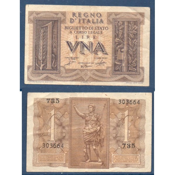 Italie P.26, Billet de 1 Lira 1939 Statue d'Auguste
