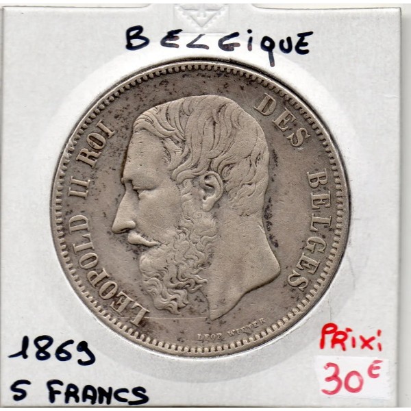 Belgique 5 Francs 1869, Sup, KM 24 pièce de monnaie
