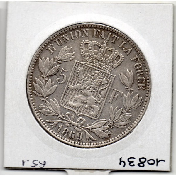 Belgique 5 Francs 1869, Sup, KM 24 pièce de monnaie