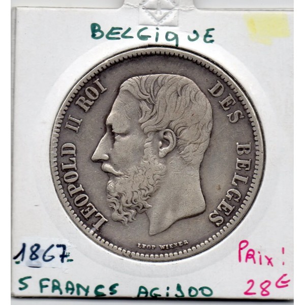 Belgique 5 Francs 1867, TTB, KM 24 pièce de monnaie