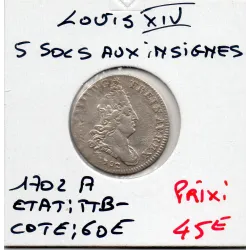 5 Sols aux insignes 1702 A Paris Louis XIV TTB-