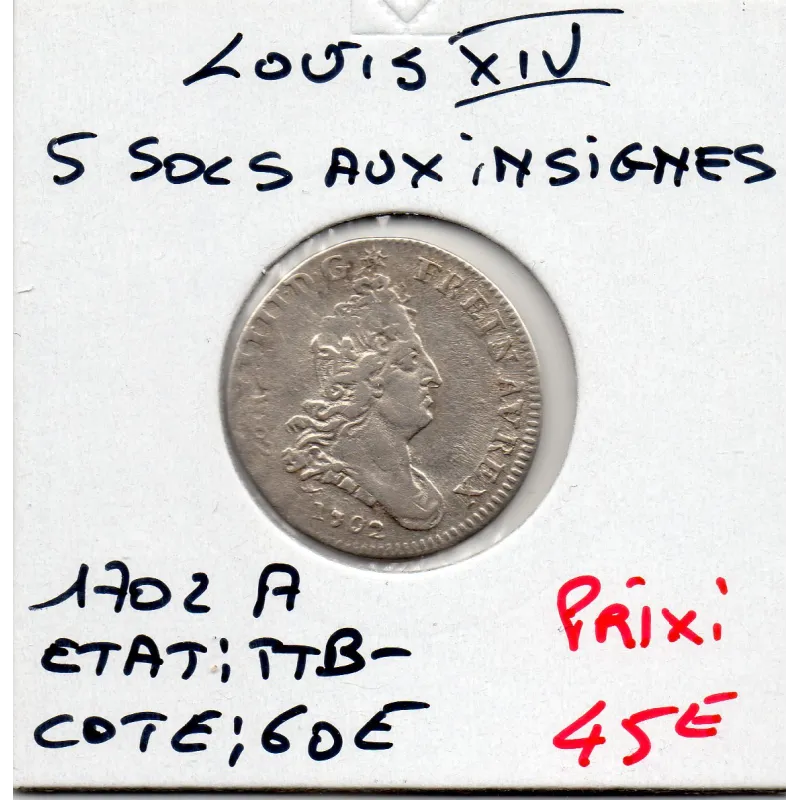 5 Sols aux insignes 1702 A Paris Louis XIV TTB-