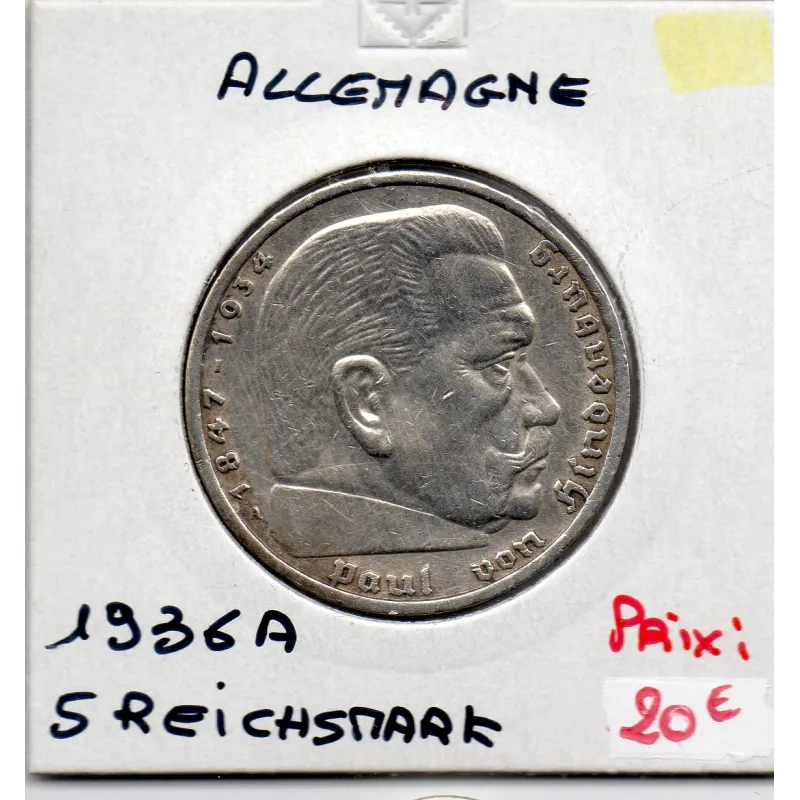 Allemagne 5 reichsmark 1936 A, TTB+ KM.86 Paul von Hindenburg Allemagne 5 reichsmark 1936 A, TTB+ KM.86 Paul von Hindenburg