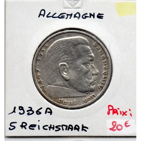 Allemagne 5 reichsmark 1936 A, TTB+ KM.86 Paul von Hindenburg