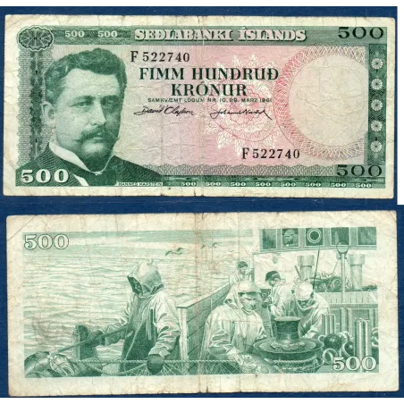 Islande P.45a, B Billet de 500 kronur 1961 Hannes Hafstein
