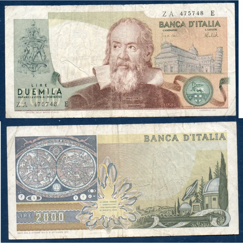 Italie P.103a, TB Billet de 2000 Lire 1973 Galileo Italie P.103a, TB Billet de 2000 Lire 1973 Galileo