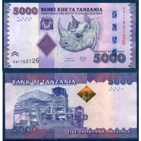 Tanzanie P.43d, TTB Billet de 5000 shillings 2025 Rhinocéros