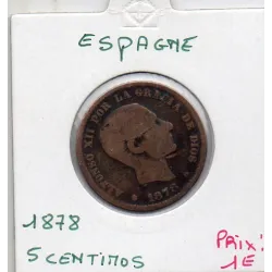 Espagne 5 centimos 1878 B, KM 674 pièce de monnaie