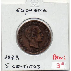 Espagne 5 centimos 1879 TTB nettoyée, KM 674 pièce de monnaie