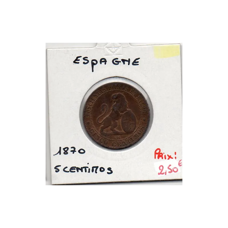 Espagne 5 centimos 1870 TB-, KM 662 pièce de monnaie Espagne 5 centimos 1870 TB-, KM 662 pièce de monnaie