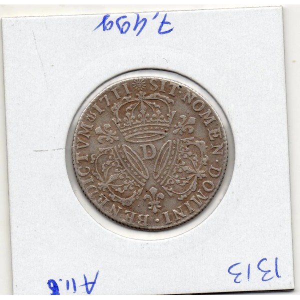 1/4 Ecu Aux 3 couronnes 1711 D Lyon Louis XIV TTB-