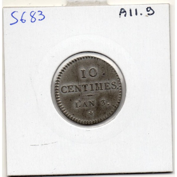 Essai de 10 centimes etain Faisceau Massue et Serpent An 3 SPL