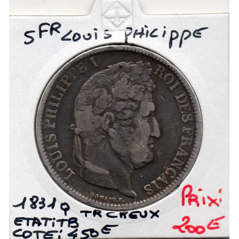 5 francs Louis Philippe 1831 Q perpignan tranche en creux TB 5 francs Louis Philippe 1831 Q perpignan tranche en creux TB