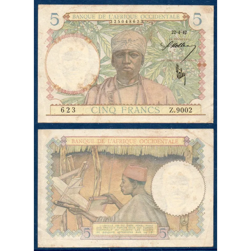 AOF P.25a, TB Billet de 5 Francs CFA 22.4.1942 Tisseur