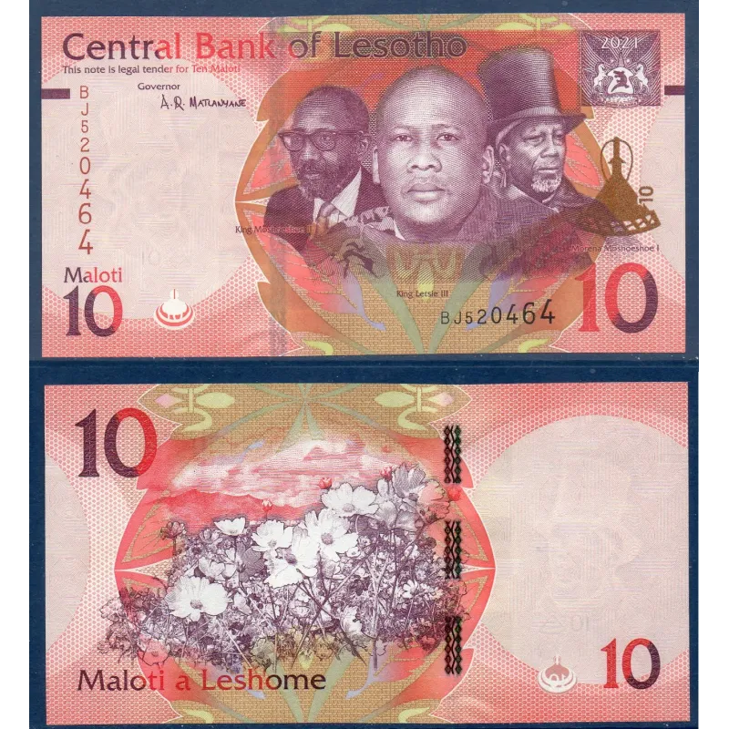Lesotho P.26, neuf Billet de 10 Maloti 2021 3 rois modifié Lesotho P.26, neuf Billet de 10 Maloti 2021 3 rois modifié