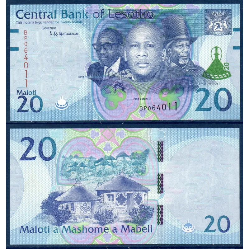 Lesotho P.27, neuf Billet de 20 Maloti 2021 3 rois modifié Lesotho P.27, neuf Billet de 20 Maloti 2021 3 rois modifié