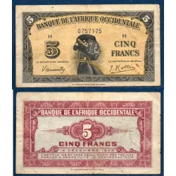 AOF P.28a, TB Billet de 5 Francs 14.12.1942 Femme ethnique