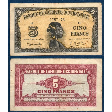 AOF P.28a, TB Billet de 5 Francs 14.12.1942 Femme ethnique