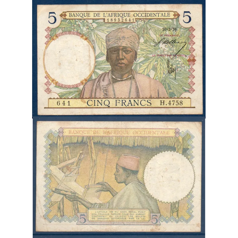 AOF Pick 21a, TB Billet de 5 Francs CFA 10.3.1938 Tisseur