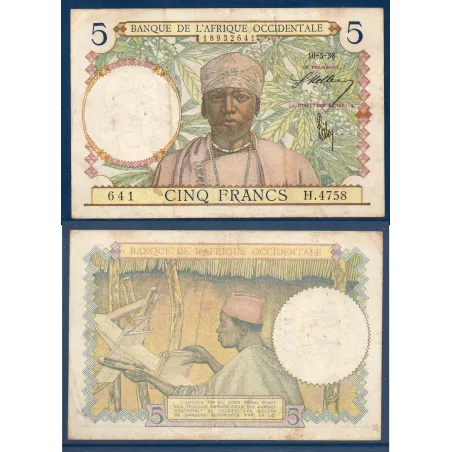 AOF Pick 21a, TB Billet de 5 Francs CFA 10.3.1938 Tisseur