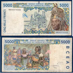 BCEAO P.113Ah, TB Billet de 5000 Francs CFA 1998 pour la Cote d'Ivoire