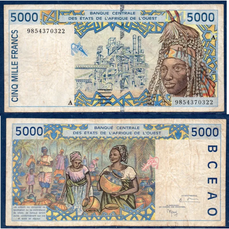 BCEAO P.113Ah, TB Billet de 5000 Francs CFA 1998 pour la Cote d'Ivoire
