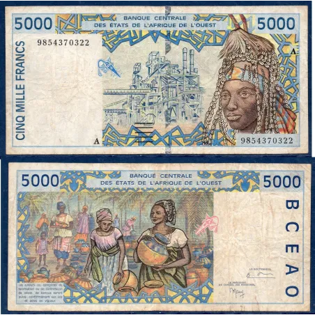 BCEAO P.113Ah, TB Billet de 5000 Francs CFA 1998 pour la Cote d'Ivoire