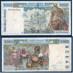 BCEAO P.113Ai, TB Billet de 5000 Francs CFA 1999 pour la Cote d'Ivoire