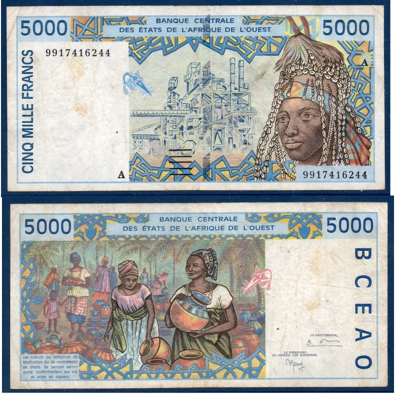 BCEAO P.113Ai, TB Billet de 5000 Francs CFA 1999 pour la Cote d'Ivoire