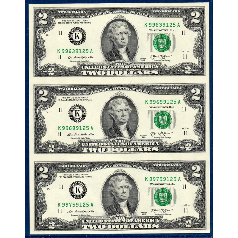 Etats Unis P.538 Neuf Dallas FW, 3 Billet uncut de 2 Dollars 2013 série K