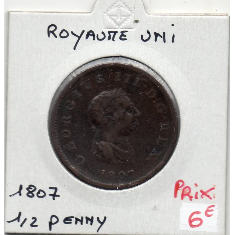 Grande Bretagne 1/2 Penny 1807 TTB, KM 662 pièce de monnaie