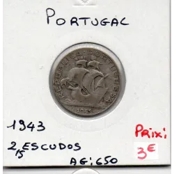 Portugal 2.5 escudos 1943 TB, KM 580 pièce de monnaie