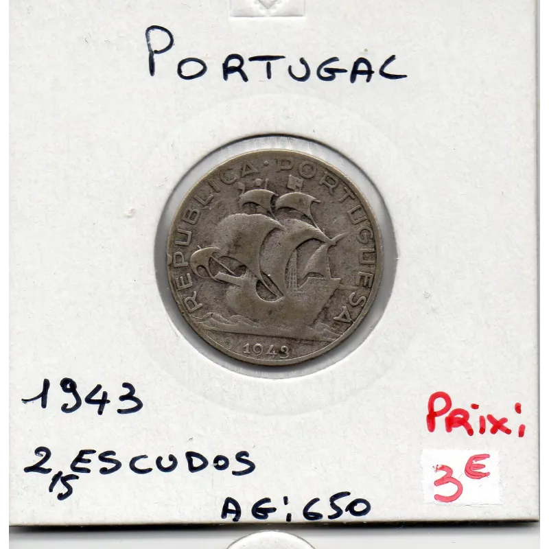 Portugal 2.5 escudos 1943 TB, KM 580 pièce de monnaie Portugal 2.5 escudos 1943 TB, KM 580 pièce de monnaie