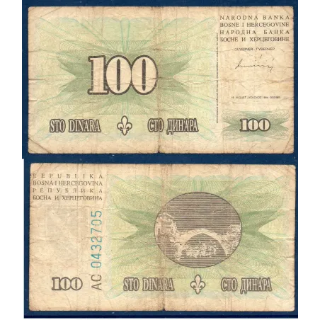 Bosnie P.44a, B Billet de banque de 100 Dinara 1994 pont Vert
