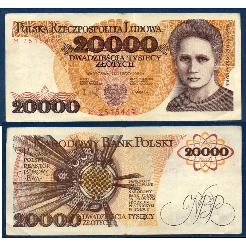 Pologne P.152a, TTB, Billet de 20000 Zlotych 1989 Marie Curie Pologne P.152a, TTB, Billet de 20000 Zlotych 1989 Marie Curie