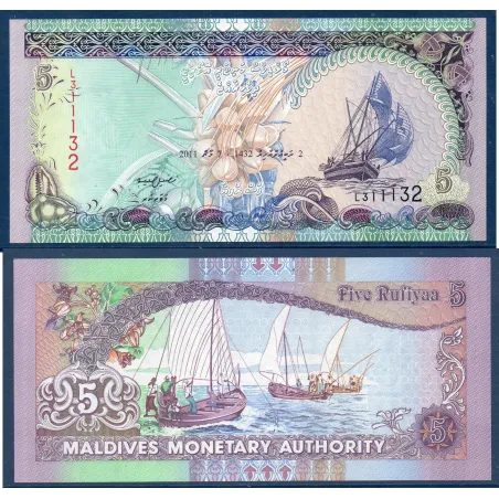 Maldives P.18e, Neuf Billet de 5 rufiyaa 2011 Dhow